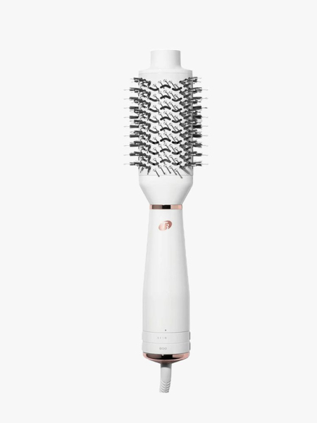 T3 AireBrush One-Step Hair Dryer Brush: A white blow-dryer brush on a light gray background