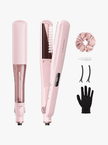 WavyTalk Steam Hair Straightener Steam Sesh in multiple branded components on a light gray background